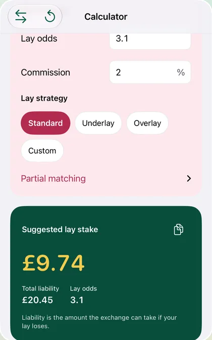 Calculator with lay strategy options and the suggested lay stake